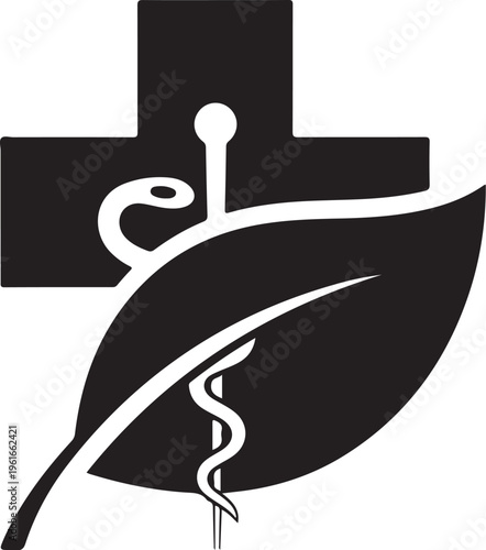 Medical cross, leaf, and rod of Asclepius, healthcare and medicine symbol, black vector icon