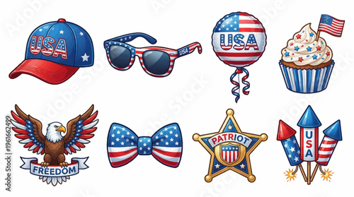 Collection of USA Patriotic Graphic Icons for Independence Day Celebrations Including Eagle Freedom Banner, Stars and Stripes Baseball Cap, and Party Rockets.