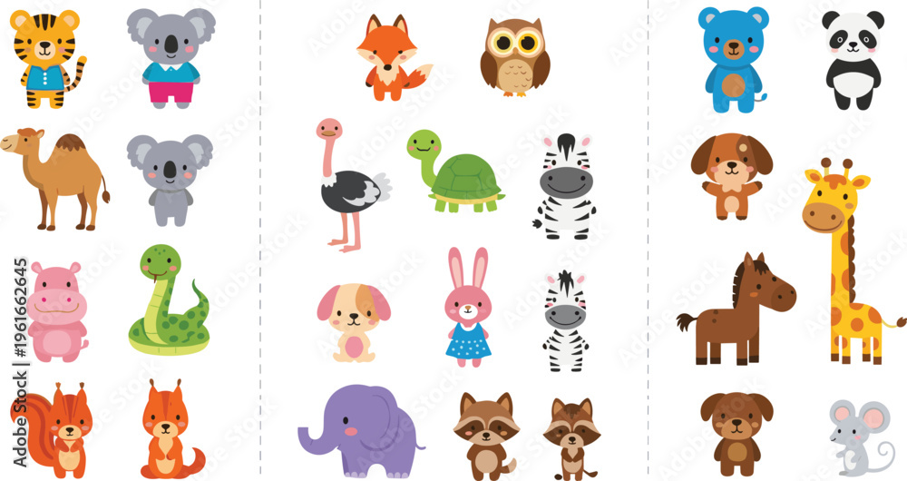 Fototapeta premium Collection of Cute Cartoon Animals for Kids Illustrations, Icon Set Featuring Zoo, Farm, and Wild Animals