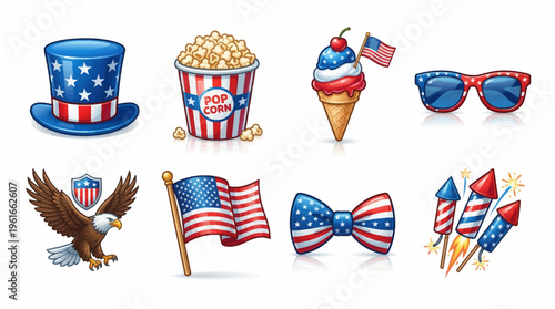 Set of 4th of July Patriotic American Icons with Bald Eagle, US Flag, Uncle Sam Hat, Fireworks, Popcorn, Ice Cream, Sunglasses and Bow Tie on White Background.
