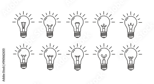 Set of illuminated light bulb icons representing ideas and creativity for design projects.