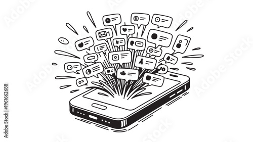 Smartphone with exploding social media icons for technology and communication concepts