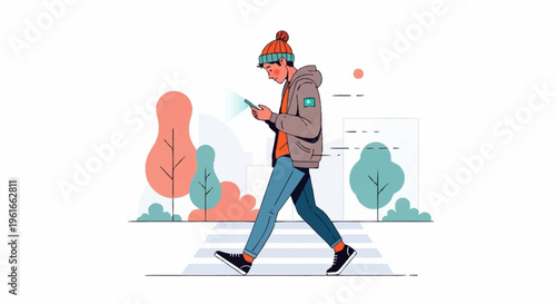 Young man walking and using smartphone on crosswalk.