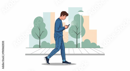 Young man walking outdoors using his smartphone.