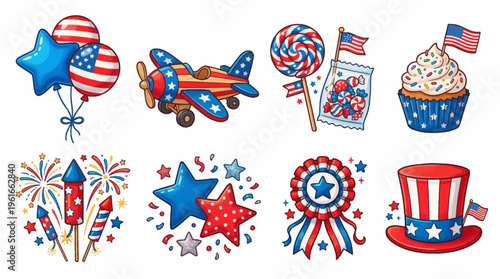 Set of 4th of July stickers with balloons, airplane, candy, cupcake, fireworks, stars, ribbon, and Uncle Sam hat on white background for patriotic celebrations.