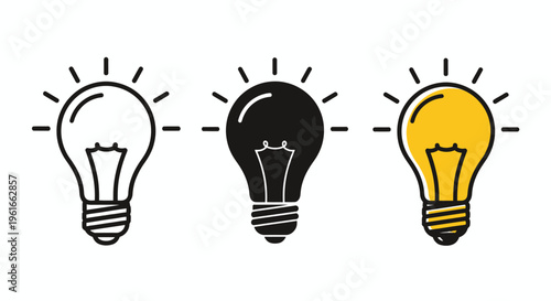 Three Light Bulbs Illustrating Different States of Illumination.