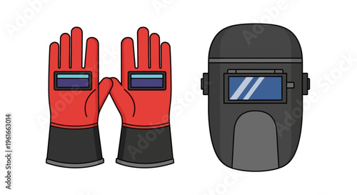 Welding Gear: Red Gloves and Black Mask on White Background, Safety Equipment Illustration