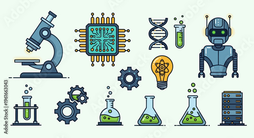 Science and Technology Icons: Microscope, Robot, DNA, CPU, Lab Flasks, Gears, Lightbulb