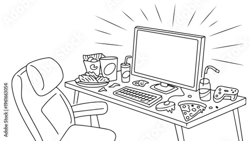 Gaming Desk Setup With Computer Food And Drinks For Gaming Concepts