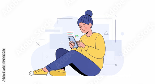 Young Woman Sitting Indoors Using Smartphone Technology.