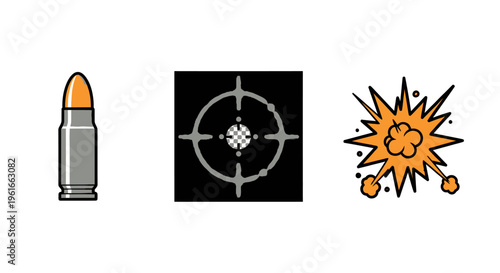 Bullet, Target Reticle, and Explosion Icons: Action, Aim, and Impact
