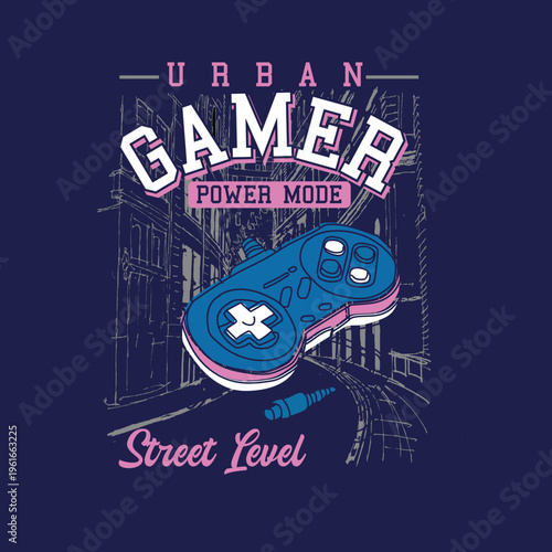 Power mode gamer street level game pad neon graphic tee.