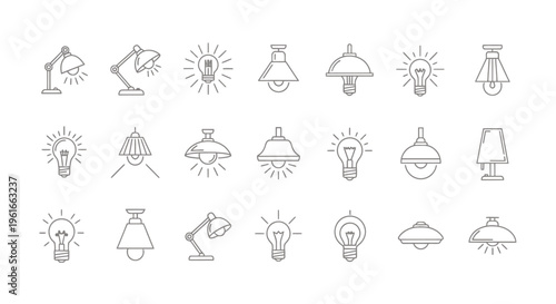 A diverse collection of simple line icons including lamps, bulbs, and decorative symbols in a minimalist style.