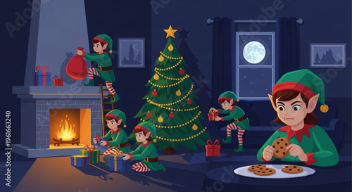 Merry christmas scene with playful elves decorating tree eating cookies by fireplace at night