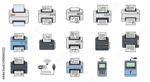 Set of Flat Icons: Modern Printers and Printing Devices