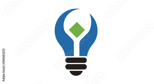 Abstract light bulb icon with blue outer shape and green center, modern vector illustration for ideas and creativity.