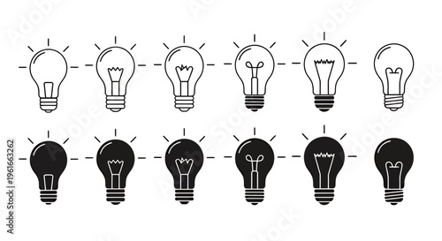 Row of Light Bulbs in Various States of Illumination and Darkness.