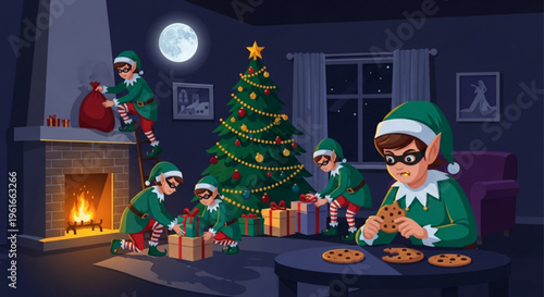 Mischievous elves decorate christmas tree and enjoy cookies at night with moonlight
