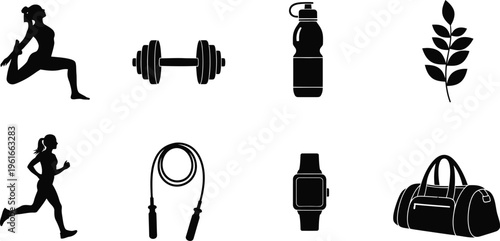 Fitness and exercise icons for healthy lifestyle and wellness activities