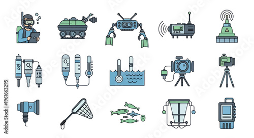 Underwater Exploration and Research Technology Icons