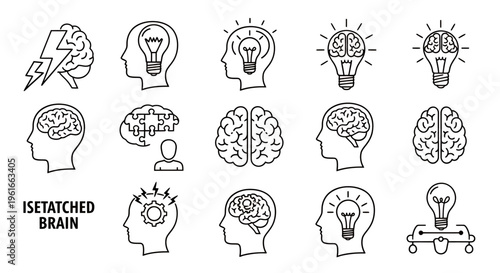 Series of doodle brains with lightbulbs representing ideas, creativity, and cognitive concepts.