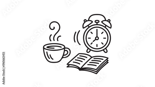 Morning Routine Icon Set With Coffee Cup Alarm Clock And Open Book For Time Management Concepts