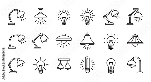 Assorted line art icons of light bulbs and creative ideas for design concepts.