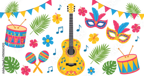 Colorful festive carnival elements set with guitar drums masks flowers tropical party vector