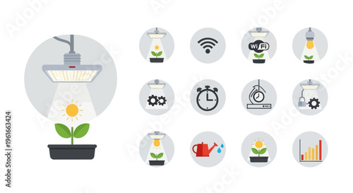 Smart Indoor Gardening Icons: Grow Light, Wifi, Timer, Watering Can, Plant Growth