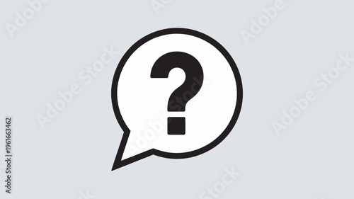 A simple black and white illustration of a speech bubble with a question mark