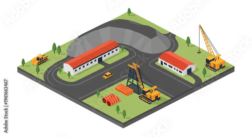 Isometric Construction Site with Buildings and Heavy Machinery.