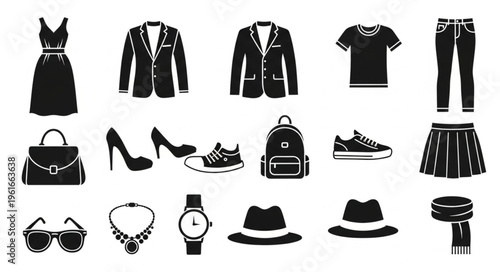Collection of Fashionable Clothing and Accessories in Black and White.