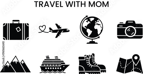 Travel with mom vacation trip icons set for adventure and exploration