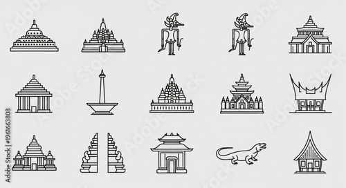 Collection of Indonesian Landmarks and Cultural Symbols in Line Art.