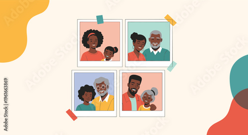 Collection of family polaroid photos showing multi-generational Black family members laughing and smiling together on a plain background.