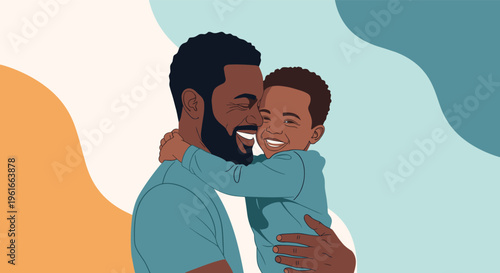Loving Black father and his young son sharing a warm embrace against a soft abstract background with organic shapes and colors.