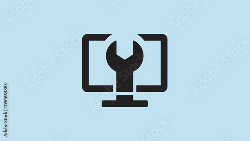A black icon of a wrench on a computer monitor on a light blue background