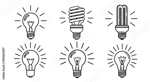 Set of six illustrated light bulbs representing ideas and creativity.