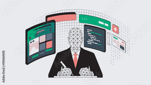 A businessman in a suit is surrounded by multiple computer screens displaying code and web pages in a futuristic office setting.