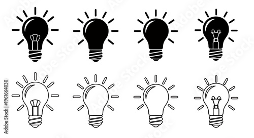 Collection of Black and White Light Bulb Icons in a Row for Design.