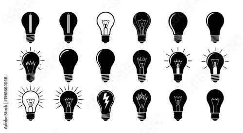 Series of light bulb icons in black and white showing ideas and creativity variations.