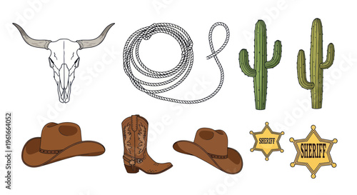 Western Cowboy Elements: Skull, Lasso, Cactus, Hat, Boot, Sheriff Badge