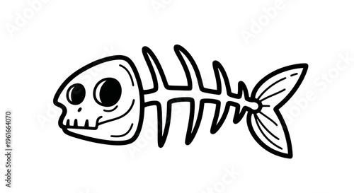 Cartoon Fish Skeleton Icon, Funny Dead Fish Bones Outline Drawing