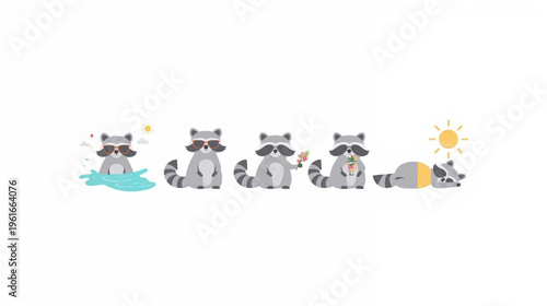 illustration of five raccoon activities in summer 