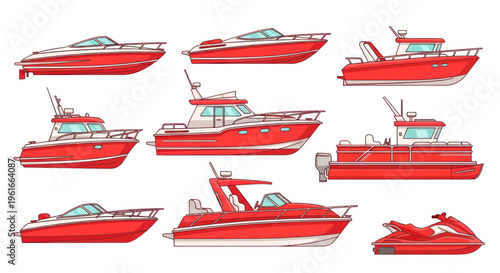 Collection of Red Boats and Jet Ski Vector Illustrations