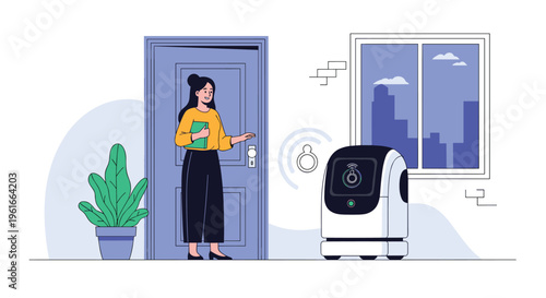 Woman at a doorway interacting with a modern autonomous delivery robot in a residential setting showing future technology.