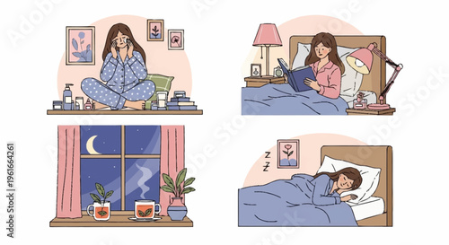 Womans nightly routine from stress to sleep.