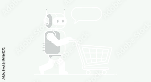 Monochrome Robot Pushing Shopping Cart Vector Illustration