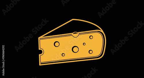 Yellow cheese wedge with holes illustration on black background.