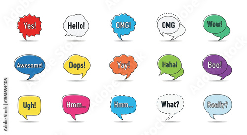 A set of colorful speech bubbles with different expressions